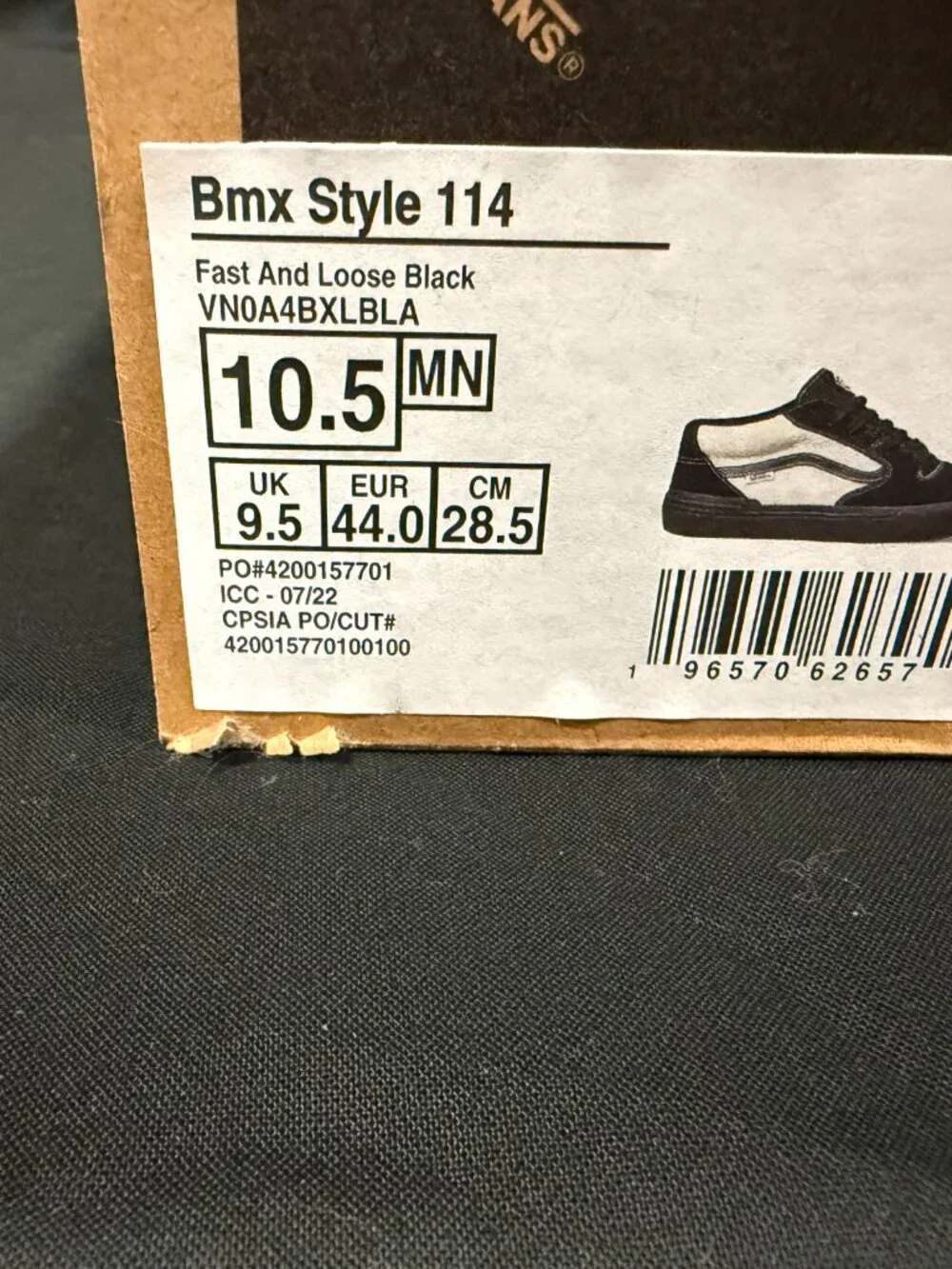 Vans BMX Style 114 Fast And Loose Black Men's Size 10.5 VN0A4BXLBLA PopCush Box